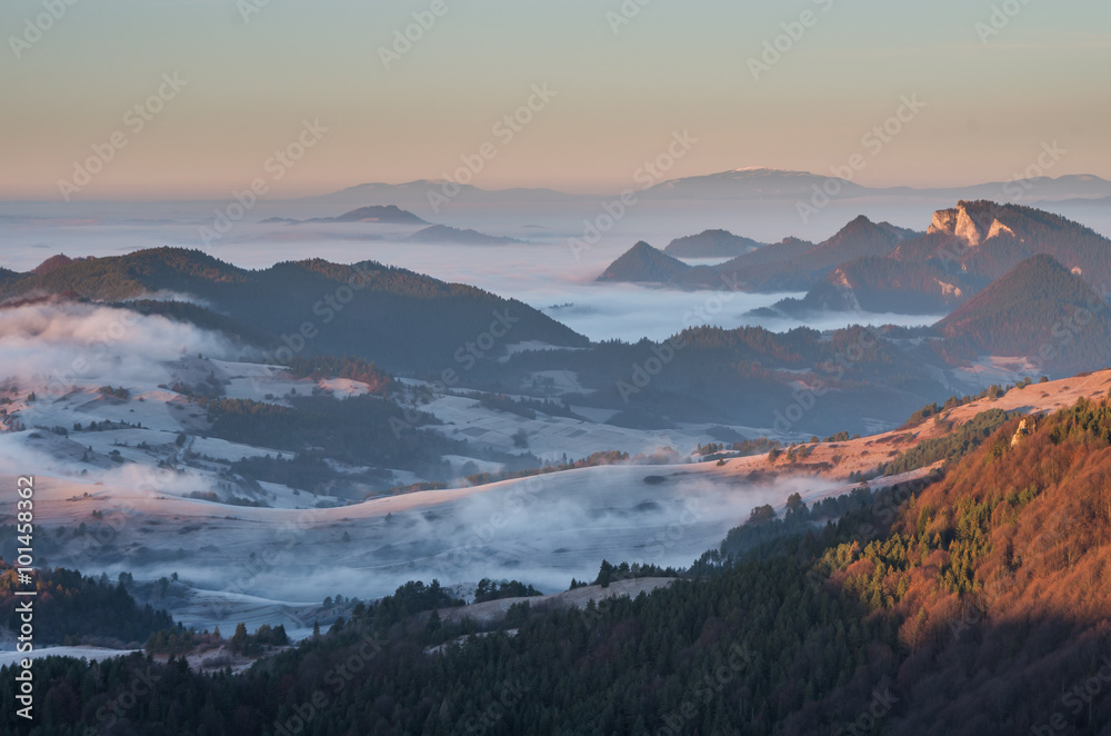 Mists and clouds above Pieniny mountains in the morning, Pieniny, Poland and Slovakia