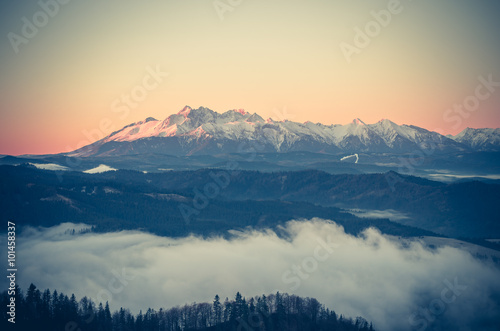 Tatra Mountains from Wysoka in Pieniny mountains, autumn morning