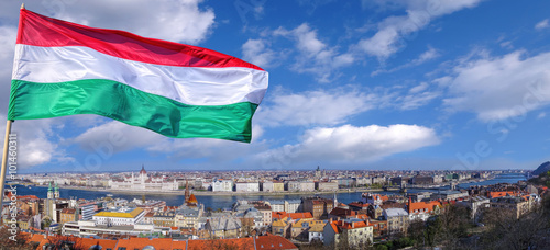 Fotografie Panorama of Budapest with flag in Hungary