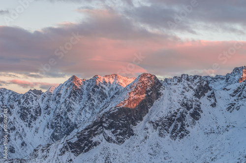 Orla Perc (Eagle's Path) mountain ridge in Tatra mountains, Poland, during sunset