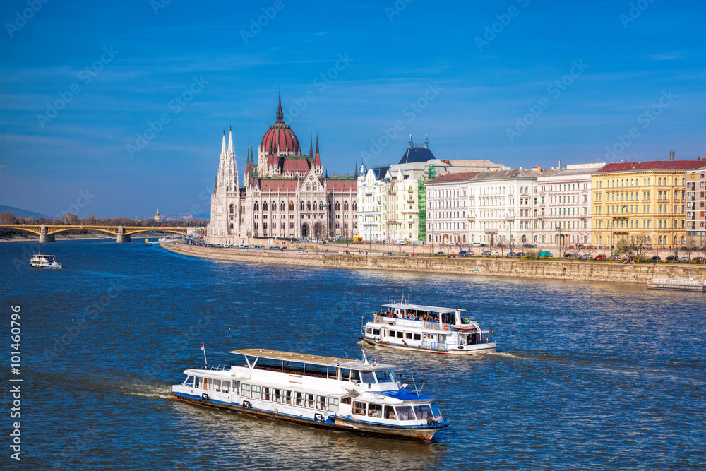 Budapest with boats against parliament in Hungary