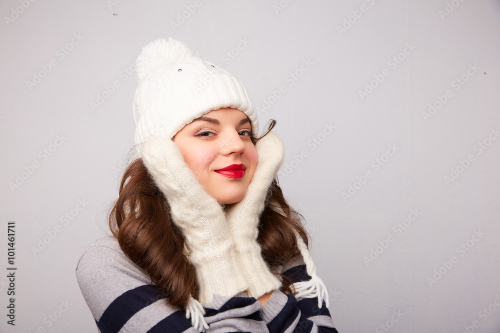 portrait of a girl in a white hat and scarf portrait of a girl in a white hat and scarf