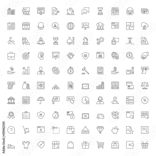 100 line icons. Business finances and shopping