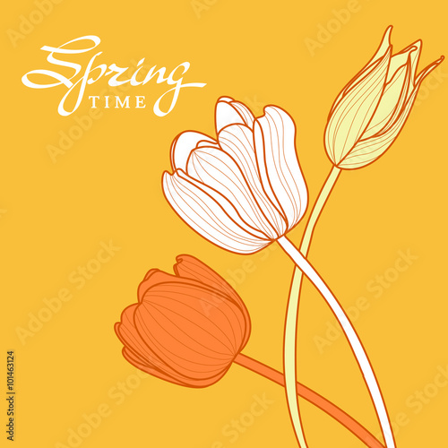 Fototapeta Naklejka Na Ścianę i Meble -  Bouquet of hand drawn outline tulip flowers on yellow background