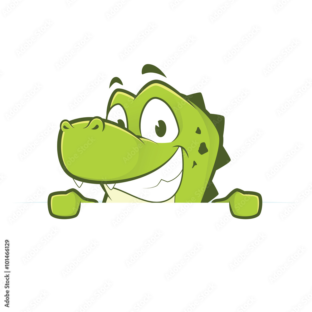 Fototapeta premium Crocodile or alligator holding and looking over a blank sign board