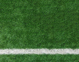 White Stripe Line at The Corner on Artificial Green Soccer Field as Copyspace to input Text from Top View used as Template