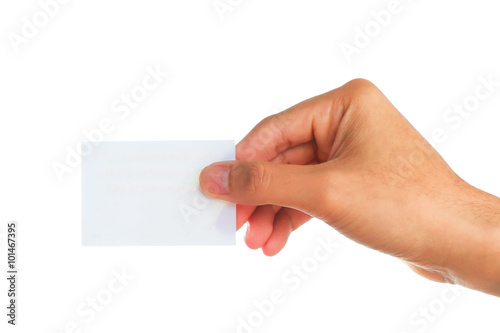 Male hand showing blank paper on white background.