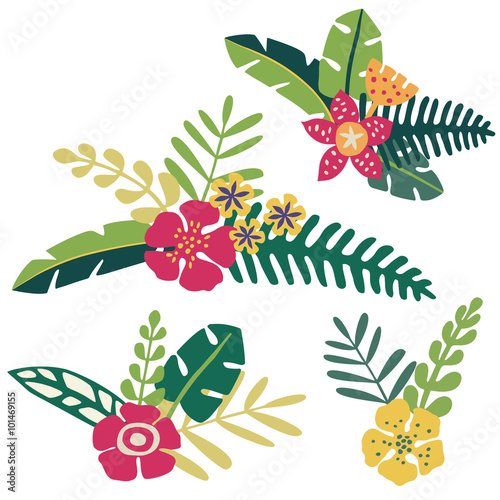 Bunches of tropical flowers and leaves