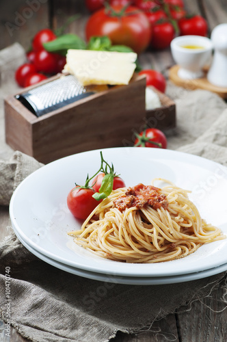 Italian pasta bolognese with meat and tomato