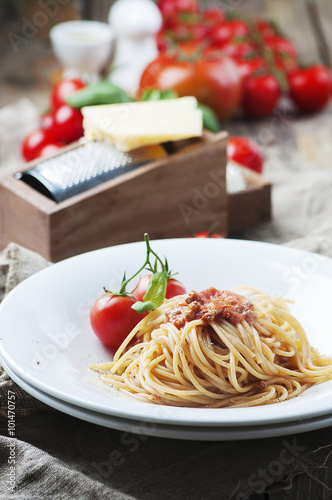 Italian pasta bolognese with meat and tomato