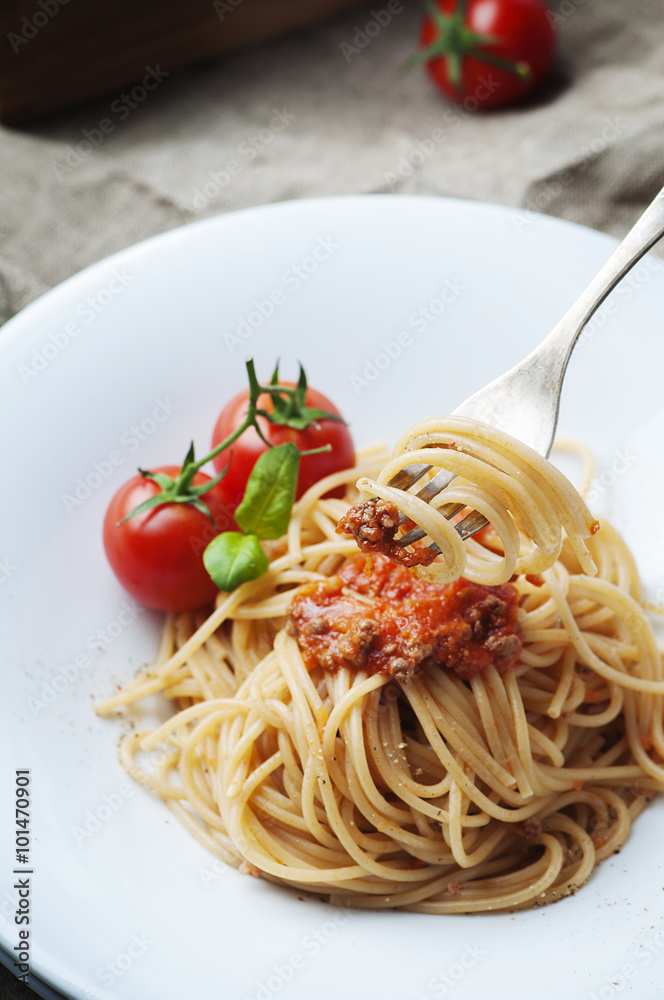 Italian pasta bolognese with meat and tomato Italian pasta bolognese with meat and tomato