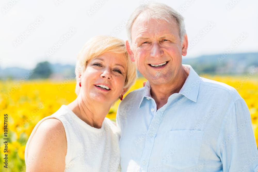 Mann und Frau, zwei Senioren, an Sonnenblumen Feld