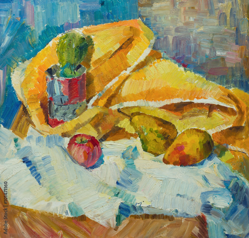 Fototapeta premium Beautiful Original Oil Painting with still life with an apple pear cactus cloth On Canvas in the style of Impressionism