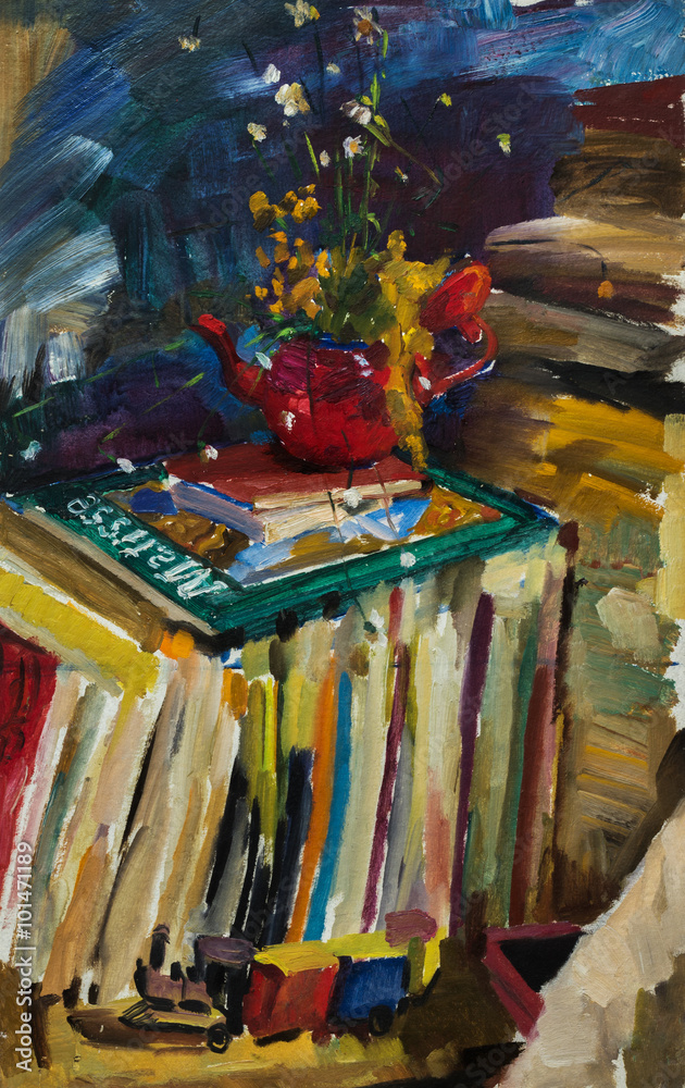 Beautiful Original Oil Painting with still life with train, books, teapot with flowers On Canvas in the style of Impressionism Beautiful Original Oil Painting with still life with train, books, teapot with flowers On Canvas in the style of Impressionism