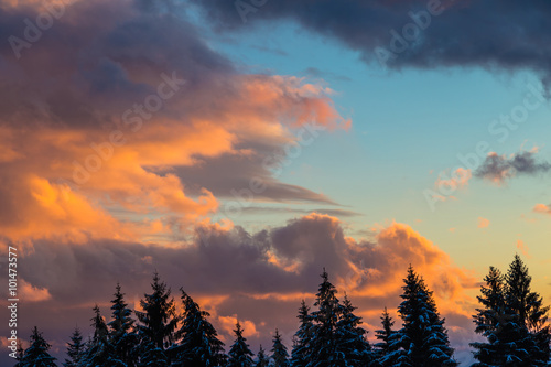 Winter dramatic orange sunset.