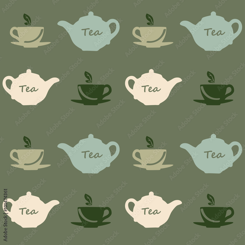 Seamless vector pattern with tea pots and tea cups