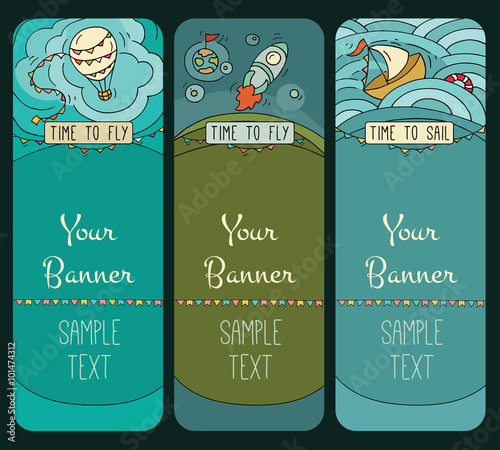 Cartoon banner templates with doodles on travel theme. Cute set of vertical cards with ship, rocket, air baloon and place for text. Hand drawn colored vector illustration.