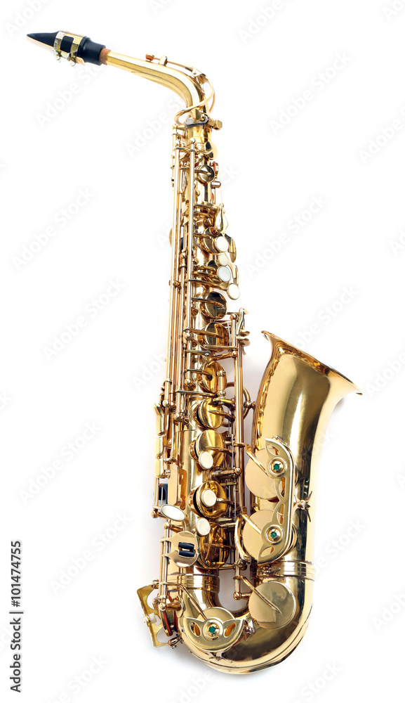 Naklejka premium Golden saxophone isolated on white background