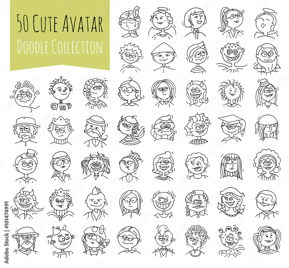 Cartoon funny user avatars in trendy hand drawn doodle style. Set of women, men character faces, professions, hobby. Cute vector illustration isolated on white. All people are grouped.