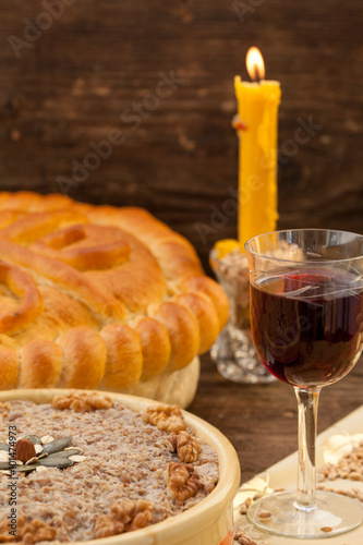 Religion symbols for Serbian slava - bread, wheat, wine and candle photo