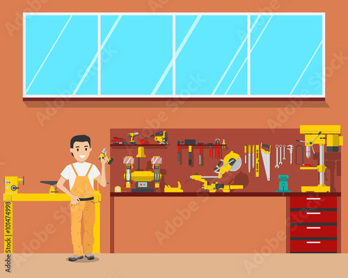 View of the interior of the workplace carpenter in a workshop. Woodworking and carpentry, construction tools. Vector illustration