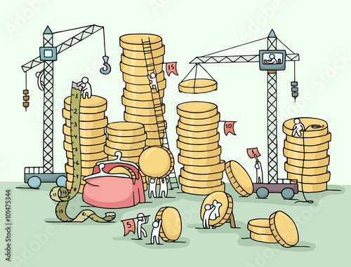 Sketch of stack of coins with working little people, crane, purse. Doodle cute miniature of construction coins and preparing for the big profit. Hand drawn cartoon vector for business design.