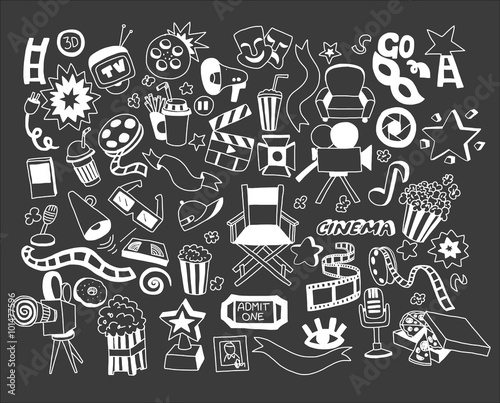 Vector set of cartoon doodle icons Cinema 
