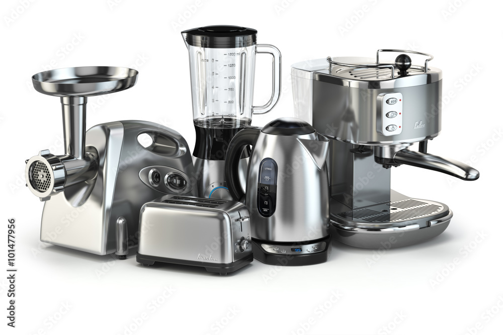 Fotografie Metallic kitchen appliances. Blender, toaster, coffee machine, m