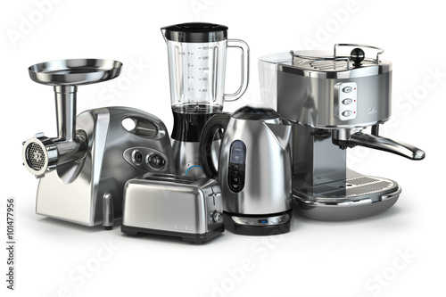 Metallic kitchen appliances. Blender, toaster, coffee machine, m photo