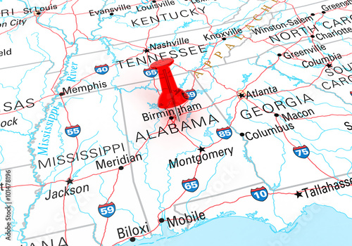 Red Thumbtack Over Alabama, Map is Copyright Free Off a Governme