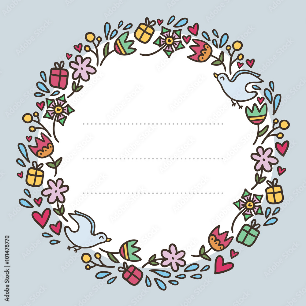 Obraz premium Romantic round frame with flowers, hearts, gifts and birds