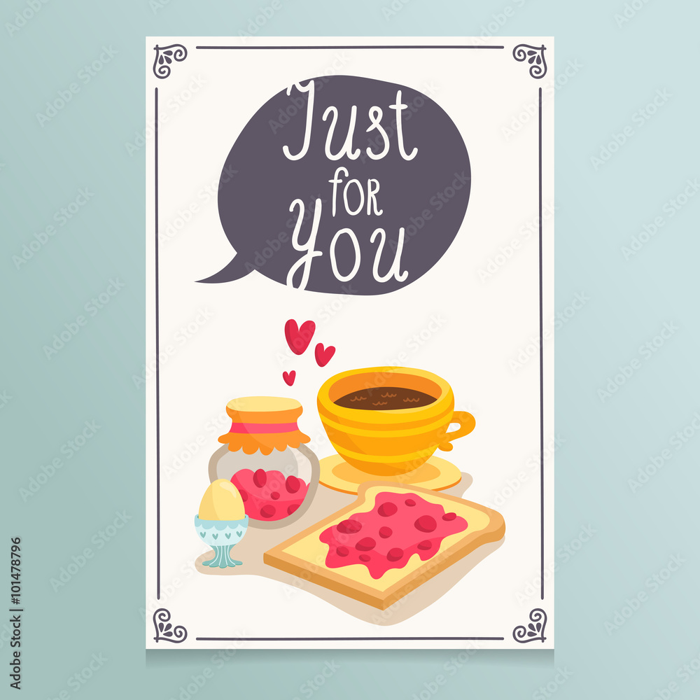 Valentine's Day greeting card design with romantic breakfast