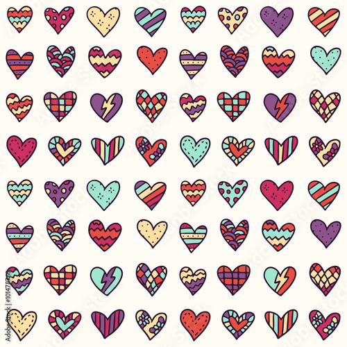 Vector seamless pattern with colorful doodle hearts - St. Valent