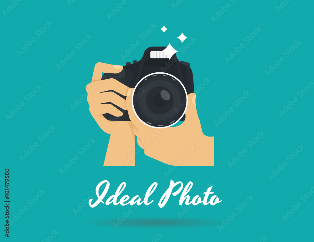 Photographer hands with camera icon or logo template. Flat illustration of lens camera shooting macro image with flash and text ideal photo