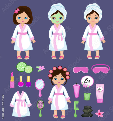 Girl in white bathrobe takes spa treatments.Vector illustration isolated on background.