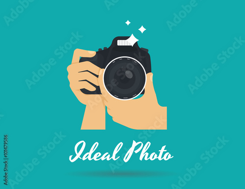 Photographer hands with camera icon or logo template. Flat illustration of lens camera shooting macro image with flash and text ideal photo