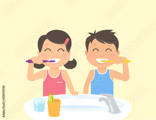 Happy kids brushing teeth standing in the bathroom near sink. Flat illustration of children teeth care and healthy lifestyle and hygiene