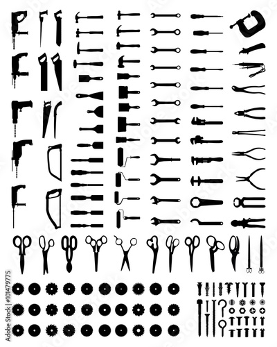 Set of black silhouettes of tools, vector