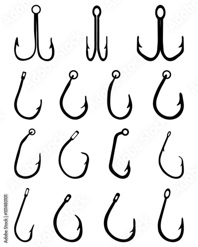 Black silhouettes of fishing hooks, vector