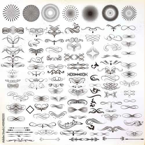 Collection of vector hand drawn flourishes in engraved style. Me