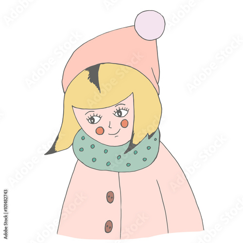 Postcard. Vector illustration. Cute girl in a coat and hat 