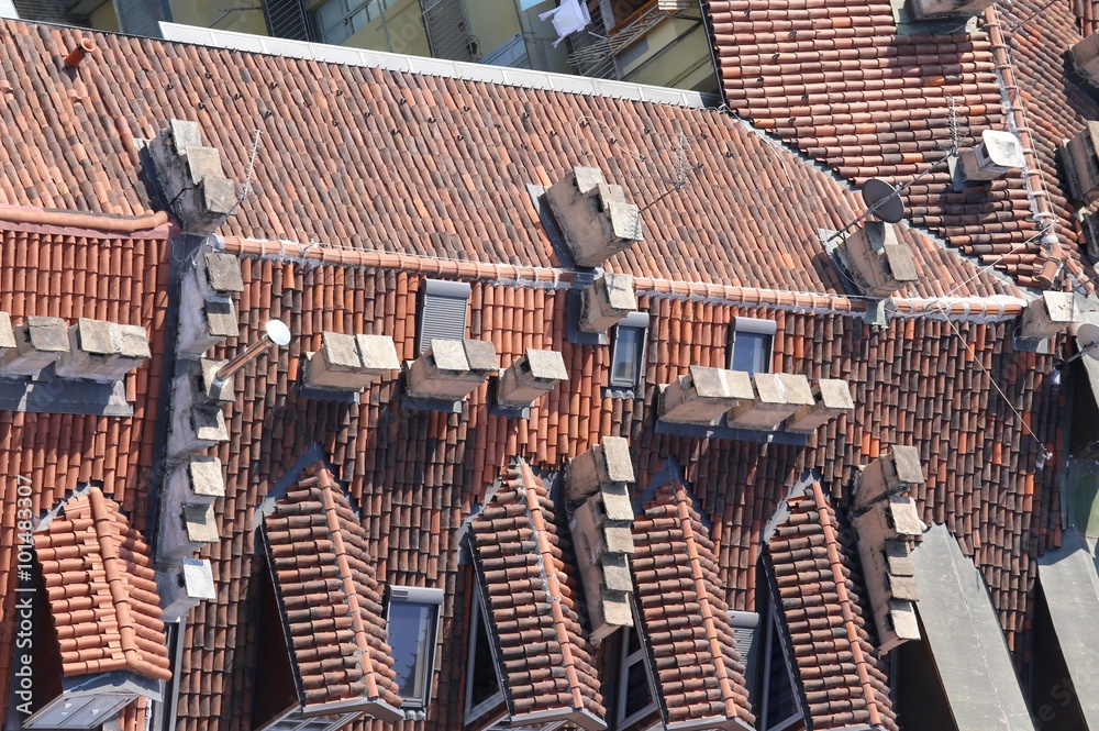 Φωτογραφία aerial view of Red roofs of a house in the european city