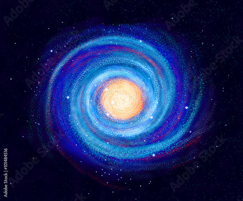 Illustration of Spiral Galaxy, hand drawn stars in space, milky way
