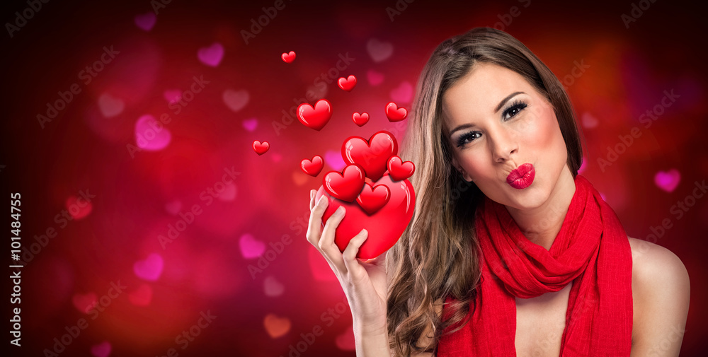 smiling woman with red heart smiling woman with red heart