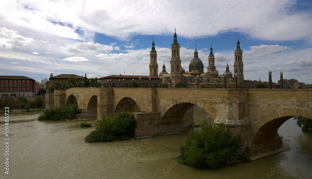 Basilica - Cathedral of Our Lady of Pillar and Ebro River in Zaragoza, Spain
