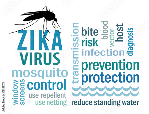Zika Virus, mosquito over standing water graphic illustration with word cloud text.
