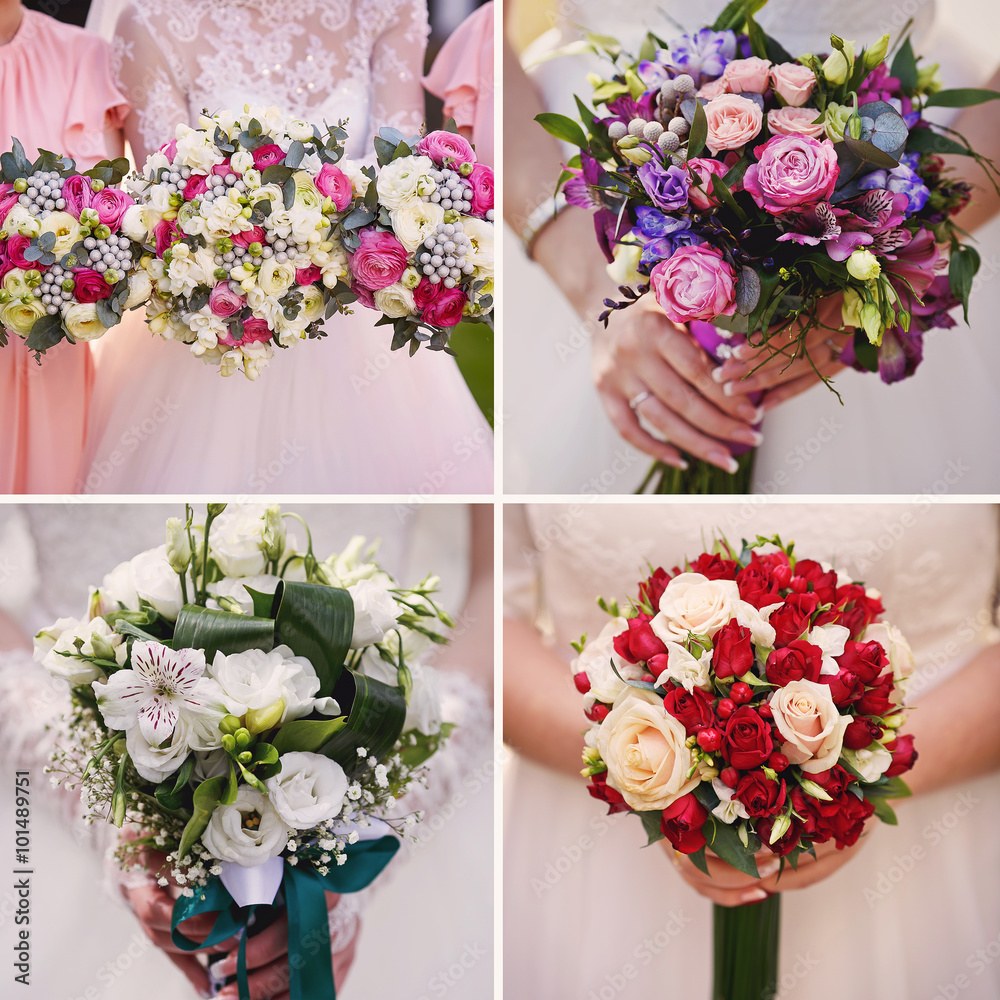 Wedding collage with bride's bouquet