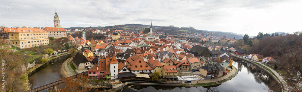 CESKY KRUMLOV, CZECH REPUBLIC Panoramic old town and castle view surrounded by Vltava River