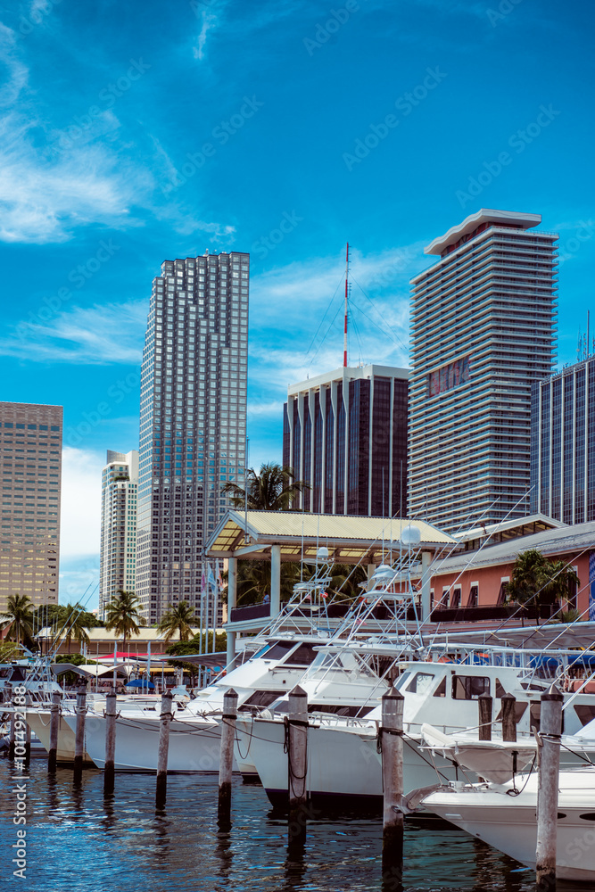 Obraz premium Luxury yachts and skyscrapers at the Bayside Marina in Miami, Florida USA.