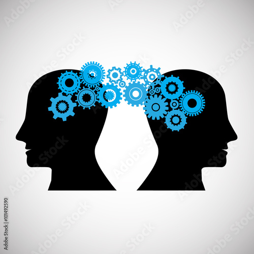 Concept of Brain storming, Knowledge sharing between to people head, this was shown through cogwheels transferring from one human brain to other, this also represents creative mind, innovation